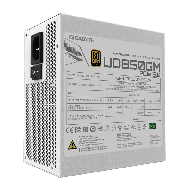 GIGABYTE 850W ULTRA DURABLE WHITE UD850GM PG5W ATX3.0 PCIE 5.0 80Plus GOLD Full Modular Power Supply (GP-UD850GM PG5W)
