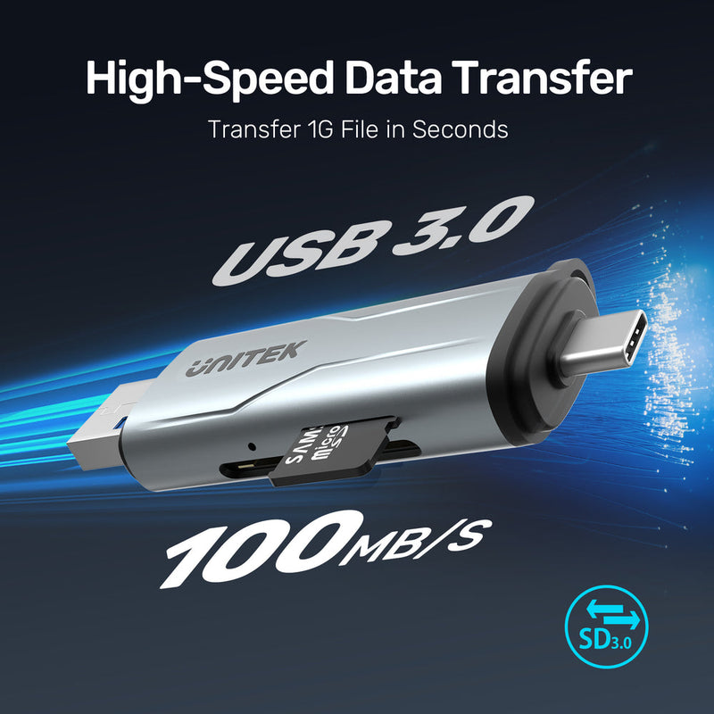UNITEK USB3.0 (USB-A & C) to Micro SD/SD Card Reader, Space Gray (R1010A)