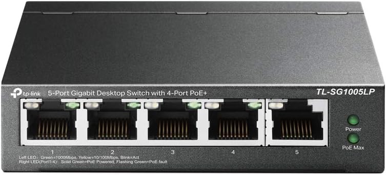 TP-Link TL-SG1005LP 5-Port Gigabit Desktop Steel Switch with 4-Port PoE+  PORT: 4× Gigabit PoE+ Ports, 1× Gigabit Non-PoE Port SPEC: 802.3af/at, 40 W PoE Power, Desktop Steel Case