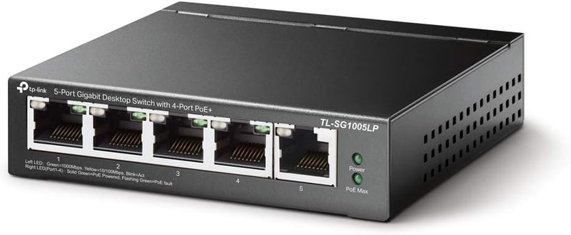 TP-Link TL-SG1005LP 5-Port Gigabit Desktop Steel Switch with 4-Port PoE+  PORT: 4× Gigabit PoE+ Ports, 1× Gigabit Non-PoE Port SPEC: 802.3af/at, 40 W PoE Power, Desktop Steel Case