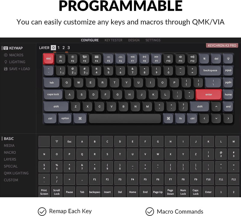 Keychron K3 Pro QMK/VIA Wireless Custom Mechanical Keyboard -Black (Red) (KC-K3P-H1)