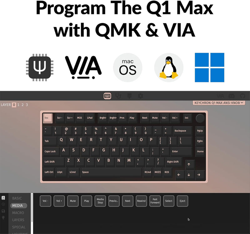 Keychron Q1 Max QMK/VIA Wireless Custom Mechanical Keyboard -Black (Brown) (KC-Q1M-M3)