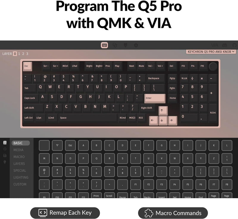 Keychron Q5 Pro QMK/VIA Wireless Custom Mechanical Keyboard -Carbon Black (Banana) (KC-Q5P-M4)