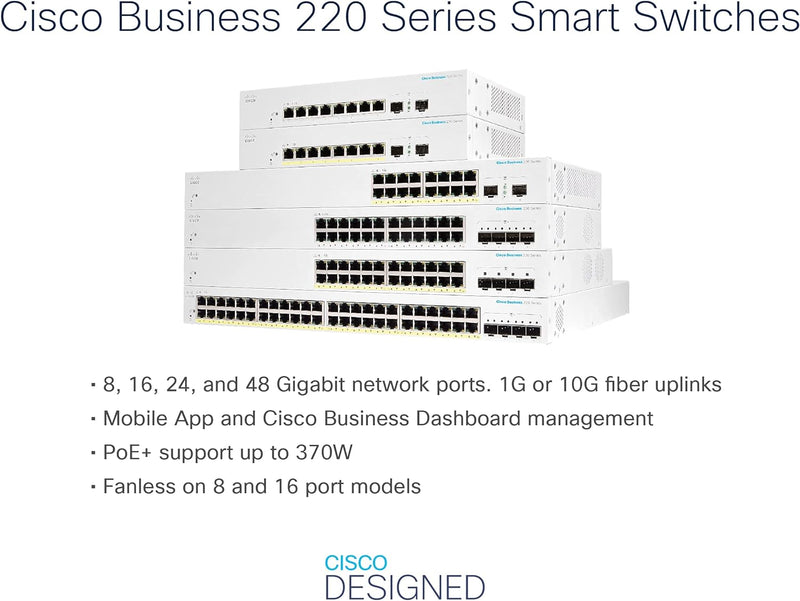 Cisco CBS220 8-Port Gigabit + 2-Port Gigabit SFP Uplink Smart Switch (CBS220-8T-E-2G-UK / NE-228TE2G)