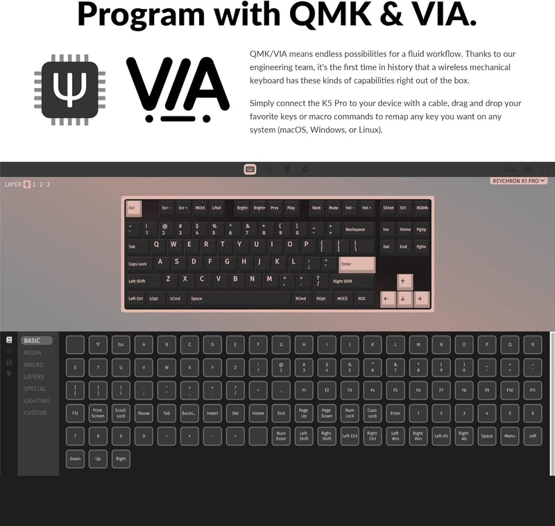 Keychron K1 Pro QMK/VIA Wireless Custom Mechanical Keyboard (Brown) (KC-K1P-H3)