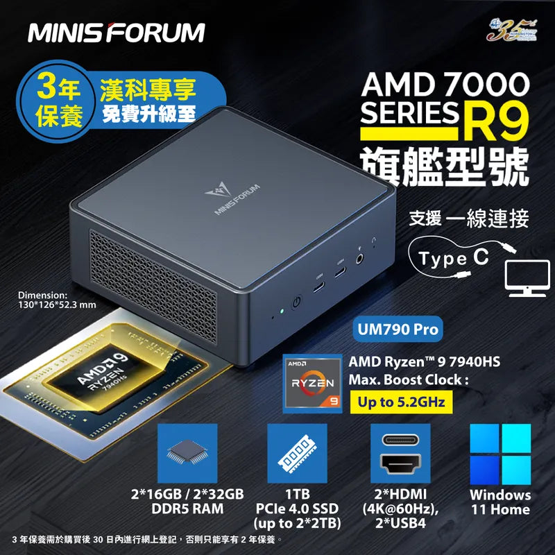Minisforum CS-MFUM79A UM790 Pro Mini PC (AMD Ryzen 9 7940HS / 64GB DDR5 Ram / 1TB SSD / Windows 11 Home)
