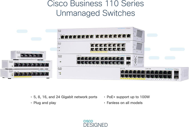 Cisco CBS110 24-Port Gigabit (12-Port with PoE, total 100W) + 2-Port Gigabit SFP Uplink (with Network Interface Combo) Unmanaged Switch (CBS110-24PP-UK / NE-11024PP)