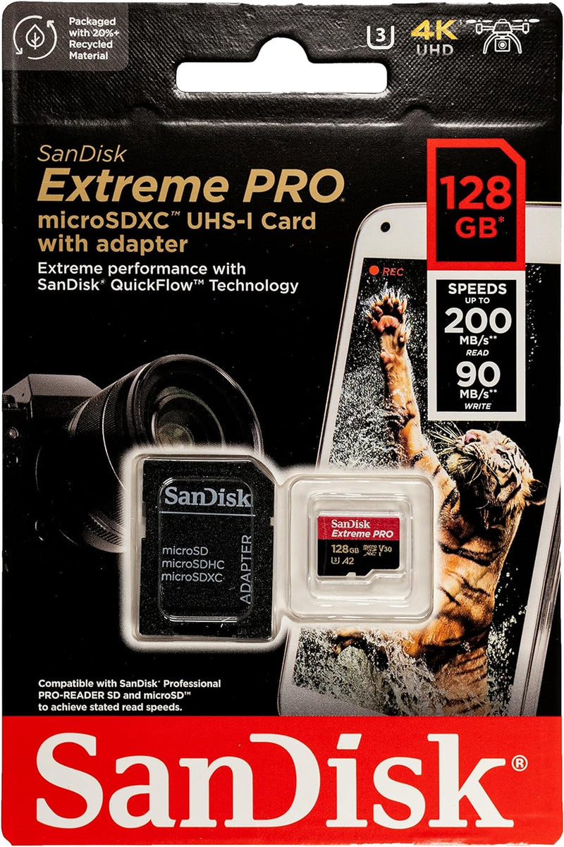 SanDisk 128GB Extreme Pro microSDXC (A2, V30, UHS-I/U3, 200R/90W MB/s) SDSQXCD-128G-GN6MA 772-4528