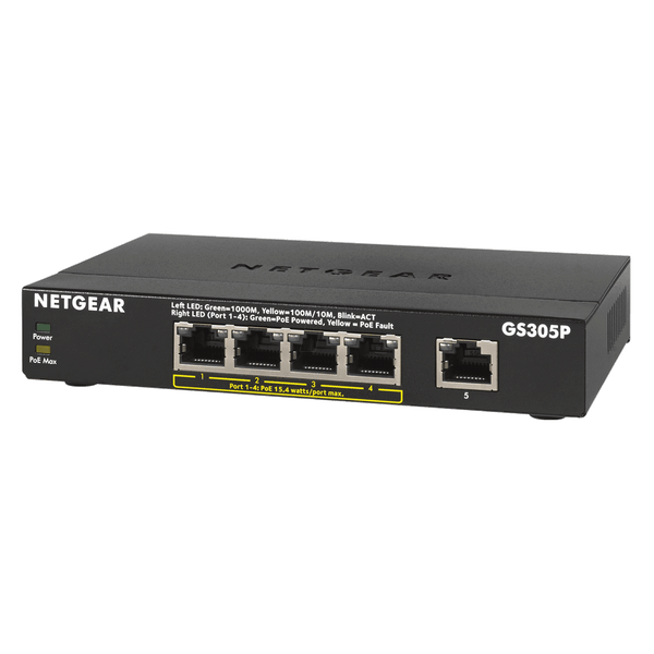 NETGEAR GS305P 5 port Gigabit Unmanaged Switch w/ 4 PoE (63W), Metal, Fanless, PoE auto-balance