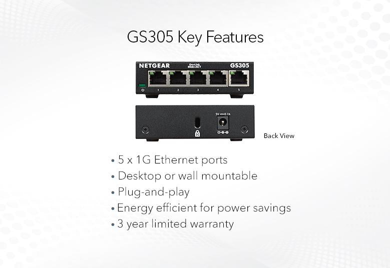 NETGEAR GS305 5 port Gigabit Unmanaged Switch, Metal, Fanless