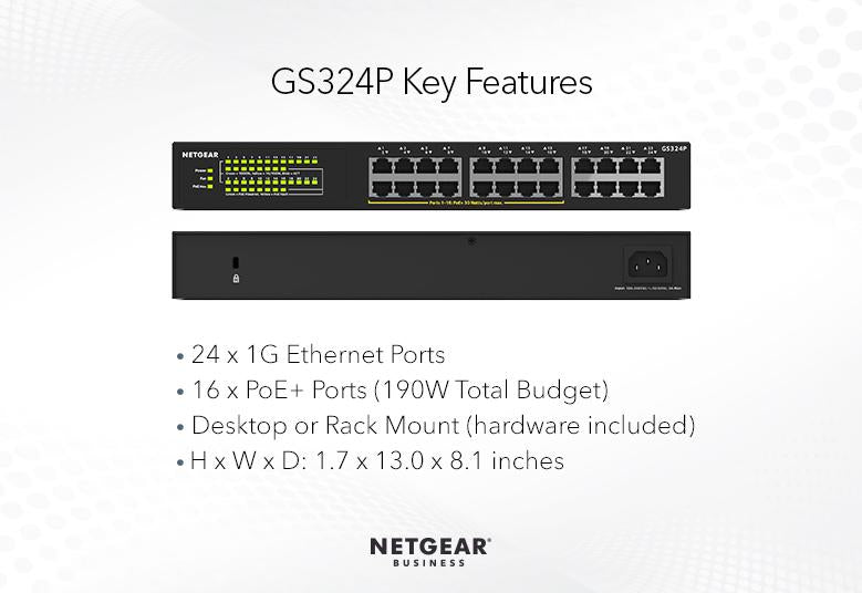 NETGEAR GS324P 24 port Gigabit Unmanaged Switch (16 PoE+ Ports,190W)