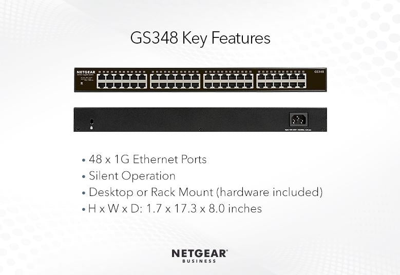 NETGEAR GS348 48 port Gigabit Unmanaged Switch, Fanless  (with Rack mount kit)
