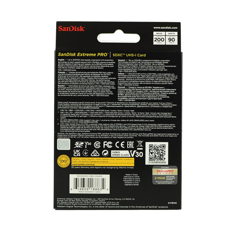 SanDisk 128GB Extreme Pro SDXC (V30, 4K/UHD, UHS-I/U3, 200R/90W MB/s) SDSDXXD-128G-GN4IN 772-4538