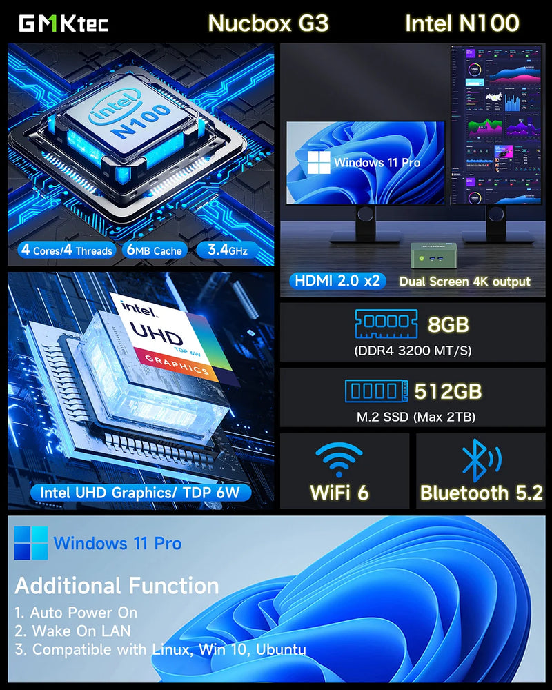 GMKTEC CS-GNBG3V NucBox G3 Mini PC (Intel N100 / 16GB Ram / 1TB SSD / Windows 11 Pro)