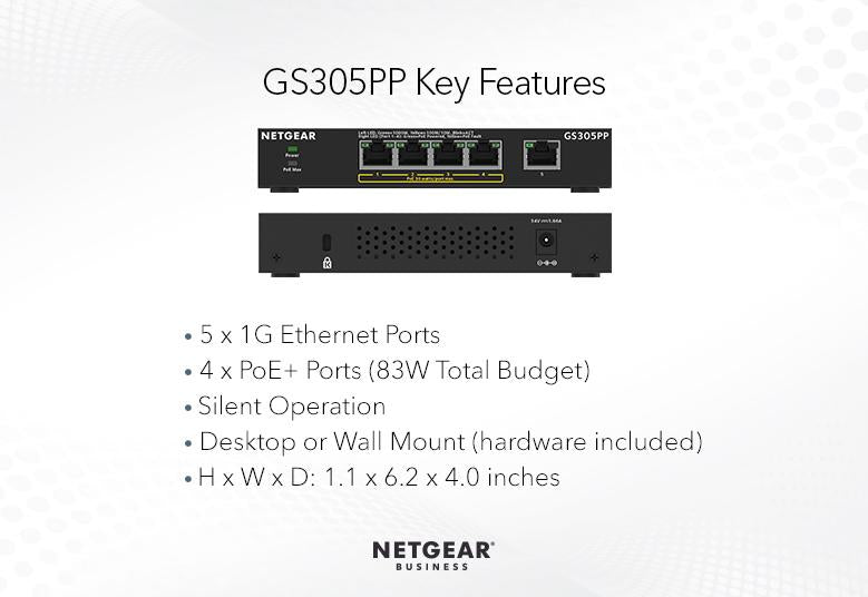 NETGEAR GS305PP 5 port Gigabit Unmanaged Switch w/ 4 PoE+ (83W), Metal, Fanless, compact size
