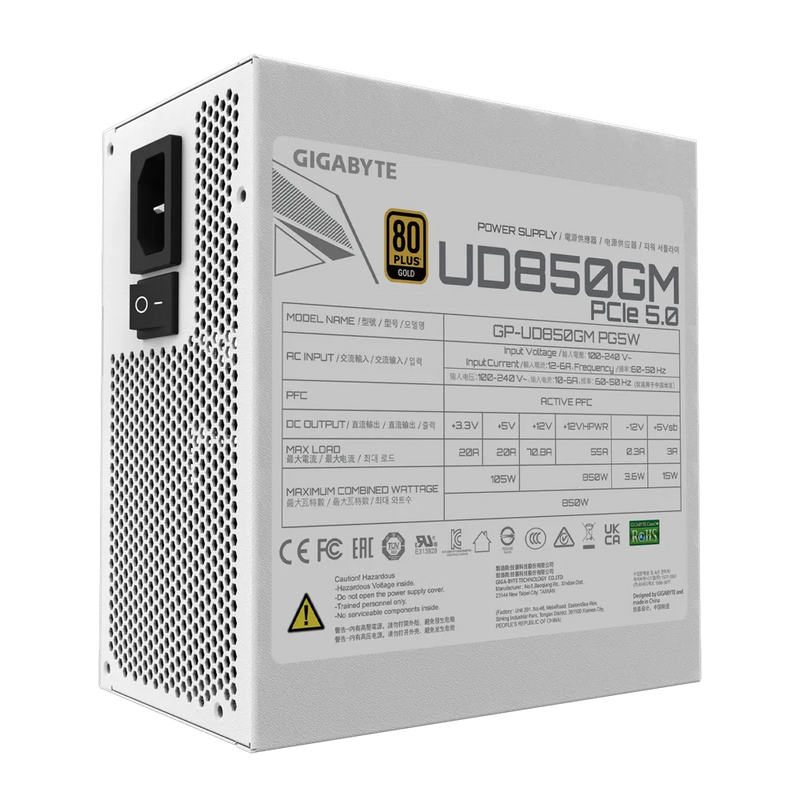 GIGABYTE 850W ULTRA DURABLE WHITE UD850GM PG5W ATX3.0 PCIE 5.0 80Plus GOLD Full Modular Power Supply (GP-UD850GM PG5W) 