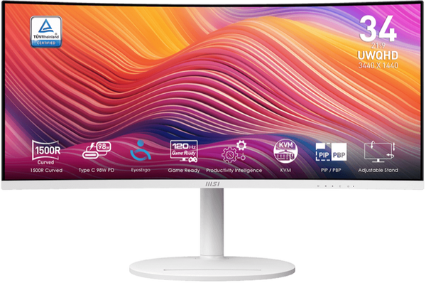 [Latest Product] MSI 34" Modern MD342CQPW 120Hz WQHD 3440x1440 VA (21:9) Curved Monitor (White) (MO-MD34CQW) 