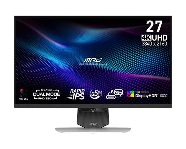 (9月中到貨)MSI 27" MPG 274URDFW E16M 4K UHD 雙模式 FHD 320Hz / UHD 160Hz 1152 Zones Mini LED (16:9) 雙模式電競顯示器 MO-MP27UMW