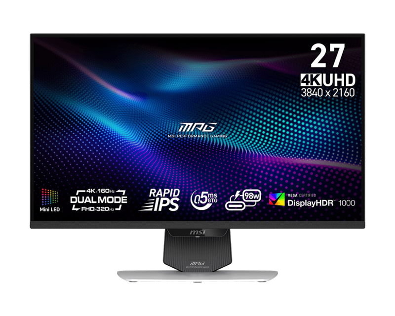 (9月中到貨)MSI 27" MPG 274URDFW E16M 4K UHD 雙模式 FHD 320Hz / UHD 160Hz 1152 Zones Mini LED (16:9) 雙模式電競顯示器 MO-MP27UMW