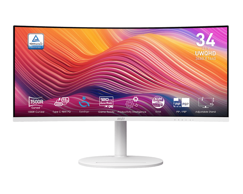 MSI 34" Modern MD342CQPW 120Hz UWQHD 3440x1440 (21:9) VA 白色 曲面顯示器 (w/98W PD) MO-MD34CQW