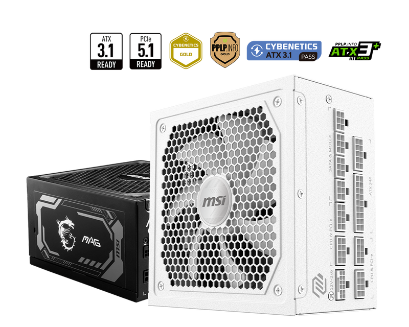 MSI 1000W MAG A1000GL WHITE 白色 PCIE5.1 ATX 3.1 80Plus Gold Full Modular Power Supply (PS-MPA10GW)