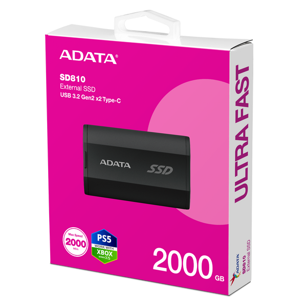 ADATA SD810 2TB Portable USB Type-C 3.2 Gen 2x2 Portable SSD - Black (SD810-2000G-CBK,HD-SD812TK) 