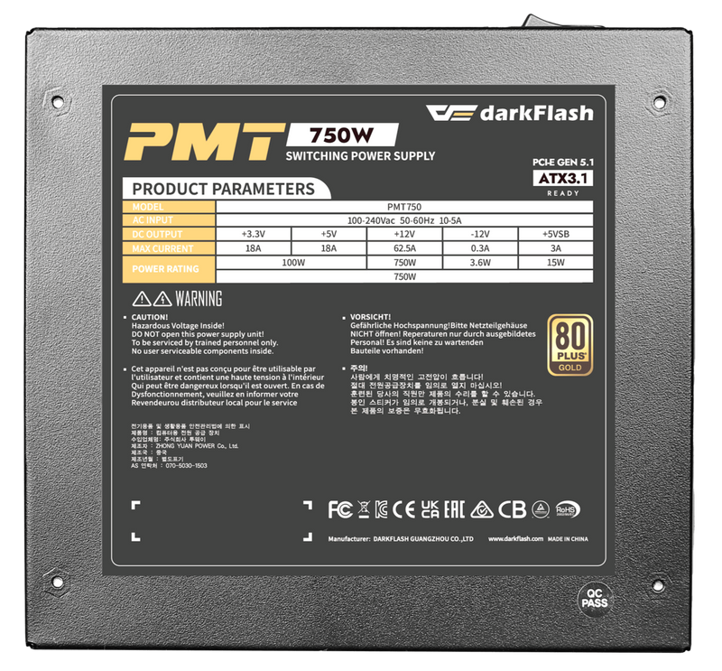 darkFlash PMT750 750W Black Black ATX3.1 80 Plus Gold Fully Modular Power Supply PS-DPMT75B 