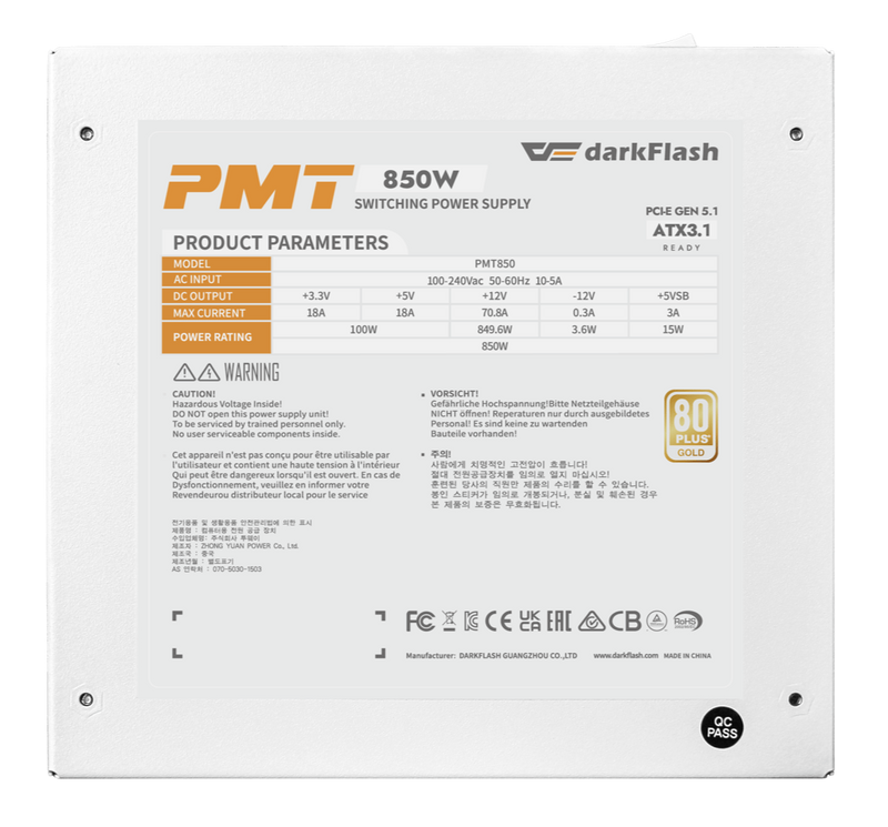 darkFlash PMT850 850W White White ATX3.1 80 Plus Gold Fully Modular Power Supply PS-DPMT85W 