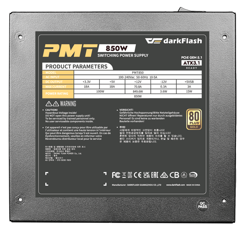 darkFlash PMT850 850W Black Black ATX3.1 80 Plus Gold Fully Modular Power Supply PS-DPMT85B 