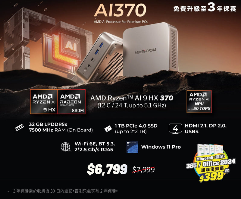 Minisforum CS-MAI370 EliteMini AI370 Mini-PC (AMD Ryzen AI 9 HX 370 / 32GB Ram / 1TB SSD / Windows 11 Pro)