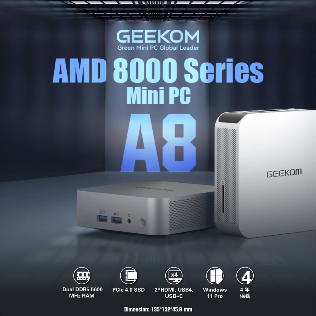 GEEKOM A8 Mini PC, AMD Ryzen 9 8945HS (8 Kerne 16 Threads,