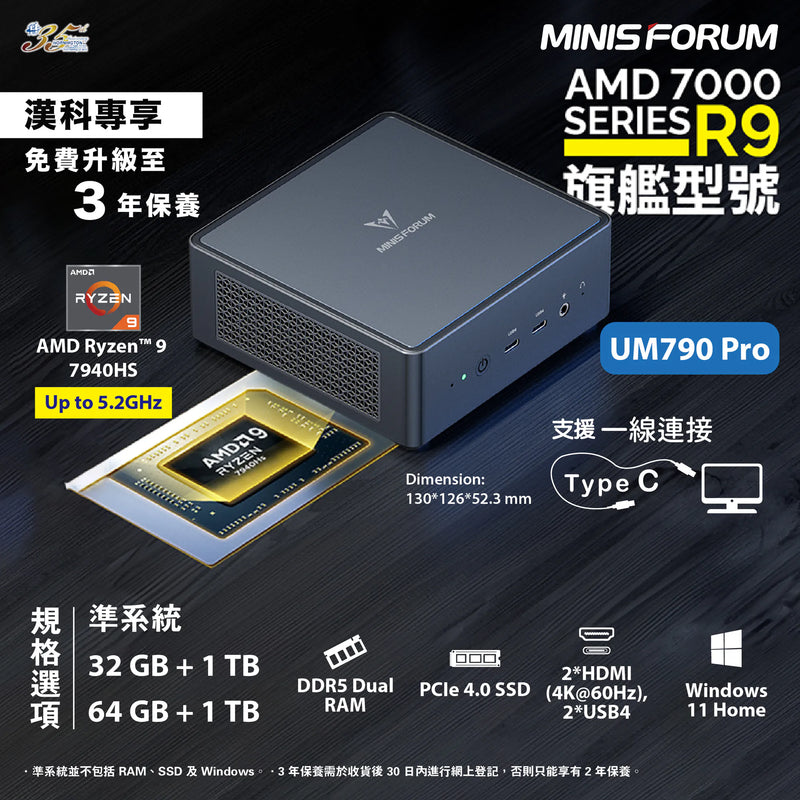 Minisforum CS-MFUM79P UM790 Pro Mini PC (AMD Ryzen 9 7940HS / 64GB DDR5 Ram / 1TB SSD / Windows 11 Pro)