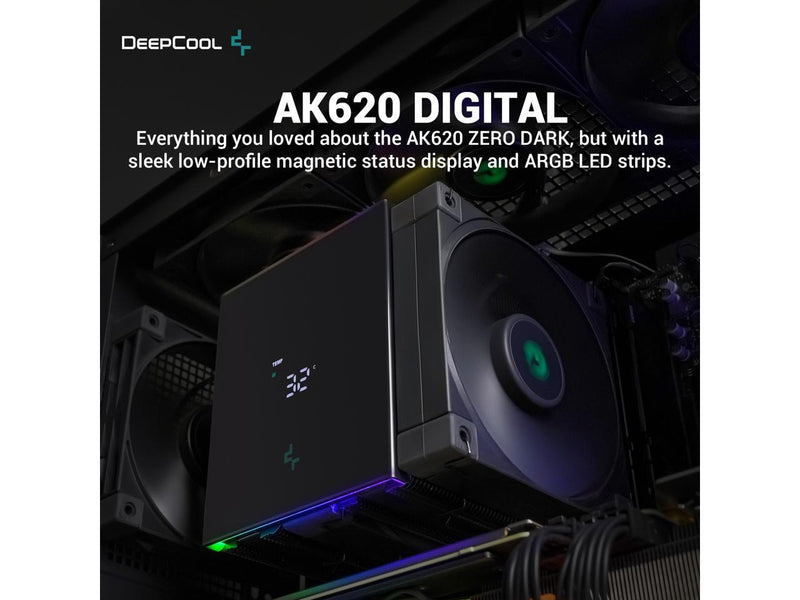 DeepCool AK620 DIGITAL Performance Air Cooler, Dual-Tower Layout, Real-Time CPU Status Screen, 6 Copper Heat Pipes, 260W Heat Dissipation, Twin 120mm FDB Fans Black 黑色 (AIRDC-AK620-DIGITAL)