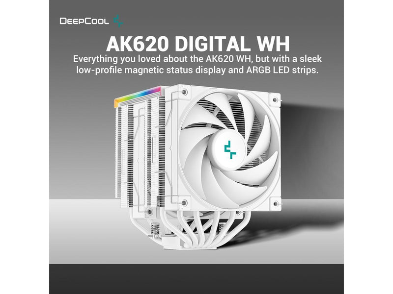 DeepCool AK620 DIGITAL Performance Air Cooler, Dual-Tower Layout, Real-Time CPU Status Screen, 6 Copper Heat Pipes, 260W Heat Dissipation, Twin 120mm FDB Fans White 白色 (AIRDC-AK620-DIGITAL-WH)