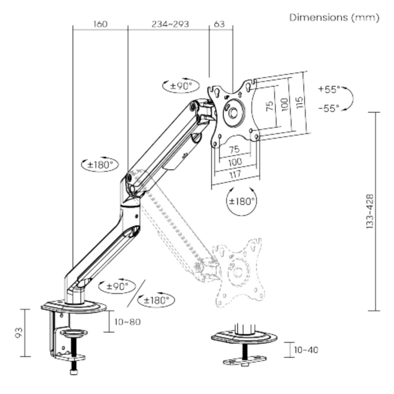 Brateck LDT63-C012GL (17"-32") 2-9kg VESA 75/100 機械彈簧式電競顯示器支架