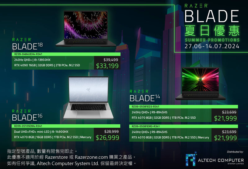 Razer Blade 14 Gaming Laptop Black (14" 240Hz QHD+ / R9-8945HS / 32GB DDR5 / RTX 4070 8GB / 1TB SSD / Win 11 Home) RZ09-05081ED3-R341
