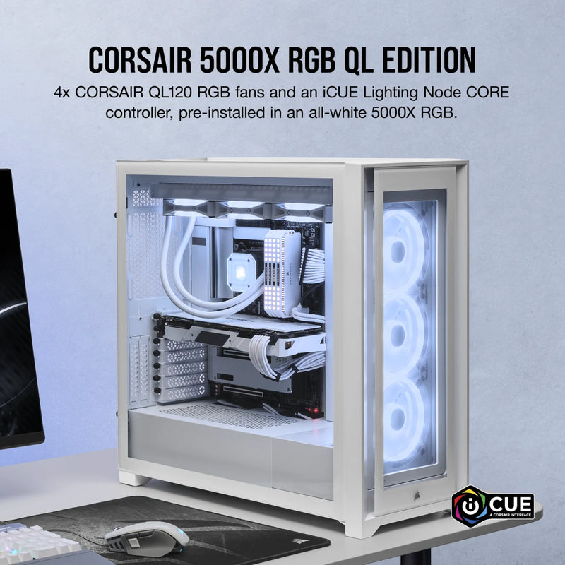 CORSAIR iCUE 5000X QL Edition White 白色 Tempered Glass ATX Case CC-9011233-WW