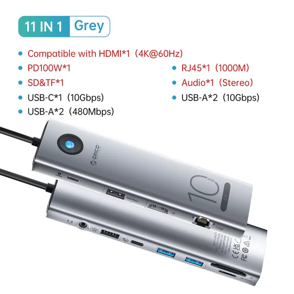 ORICO Aluminum 10Gbps 11 IN 1 Type-C Laptop Expander [CX10-11P] 