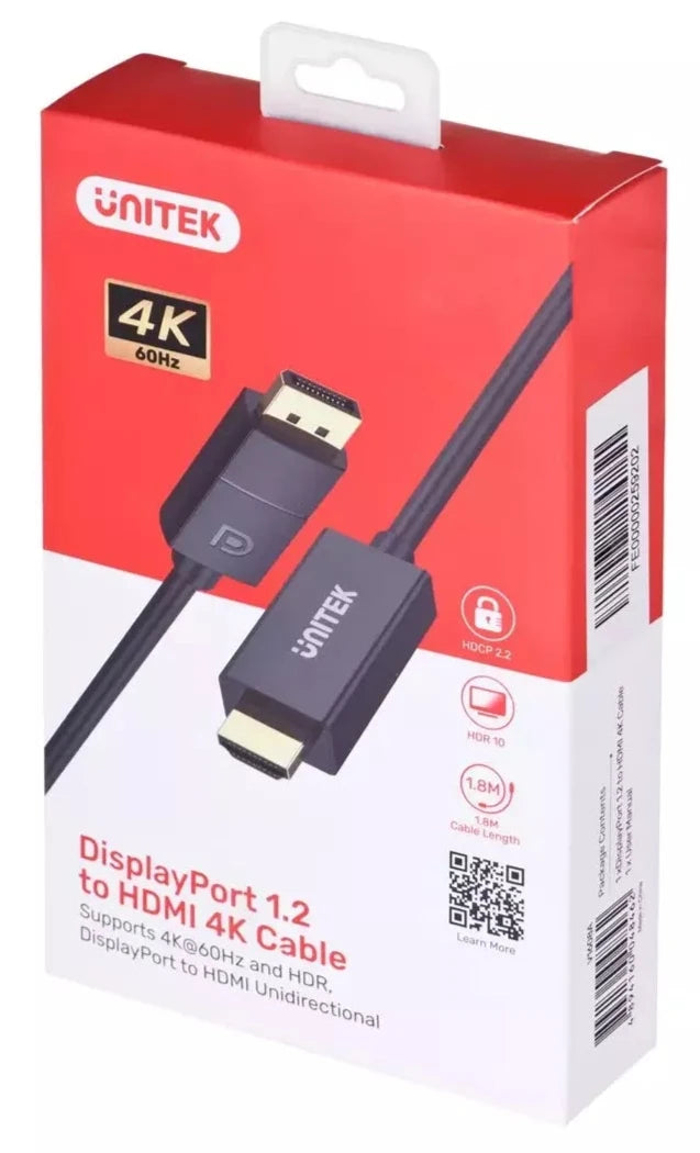 UNITEK V1608A 1.8M DisplayPort to HDMI Adapter Cable | 4K60Hz DP1.2 HDMI2.0 Ultra HD | HDCP2.2 can decrypt and transmit Netflix DisneyPlus OOT video (785-2838) 