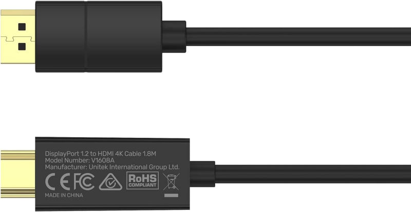 UNITEK V1608A 1.8M DisplayPort to HDMI Adapter Cable | 4K60Hz DP1.2 HDMI2.0 Ultra HD | HDCP2.2 can decrypt and transmit Netflix DisneyPlus OOT video (785-2838) 