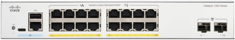 Cisco Catalyst 1300 16-Port Gigabit Ethernet + 2xSFP (240W PoE+) Advanced Security Managed Switch (C1300-16FP-2G-UK/NE-1316A2G)