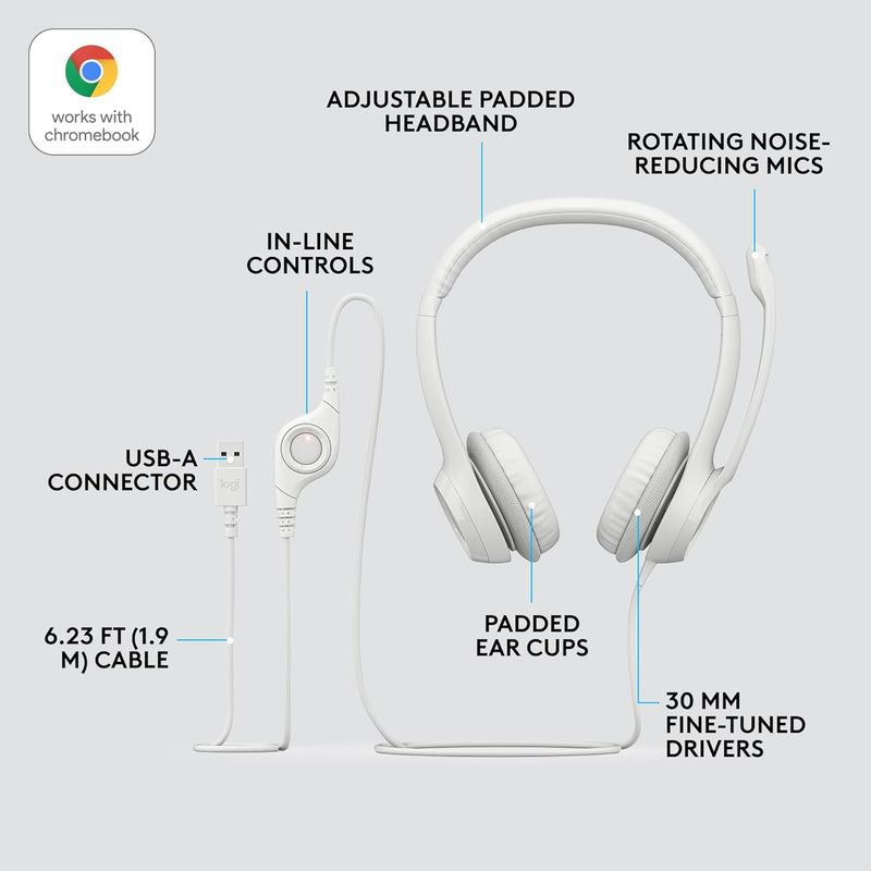 Logitech H390 Wired USB 配備隔噪麥克風以及線控耳機麥克風 - Pearl White 珍珠白色 981-001287 原裝行貨