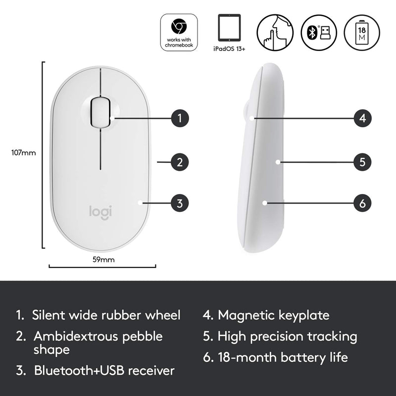 Logitech PEBBLE M350 Wireless Mouse 纖薄靜音無線藍牙滑鼠 - Pearl White 珍珠白色 910-005600 原裝行貨