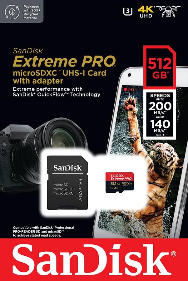 SanDisk 512GB Extreme Pro microSDXC (A2, V30, UHS-I/U3, 200R/140W MB/s) SDSQXCD-512G-GN6MA 772-4530