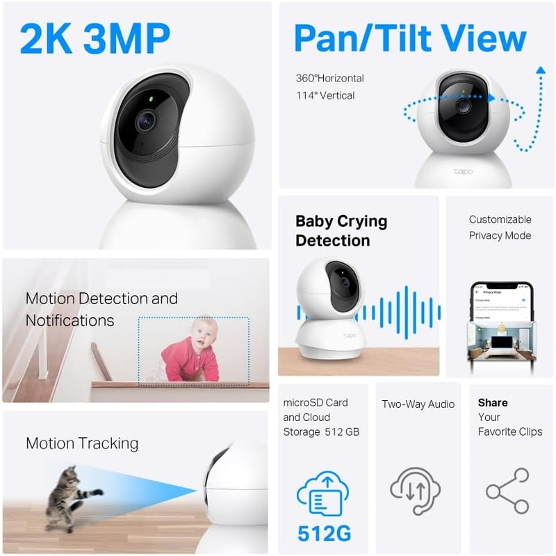 TP-Link Tapo C210P2 3MP Ultra HD Pan/Tilt Home Security WiFi Surveillance IP Camera CCTV (2-Pack)