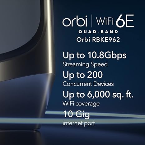 NETGEAR RBKE962 Orbi Quad-Band Mesh WiFi 6E  Router & Satellite (2-pack), White, 10G WAN