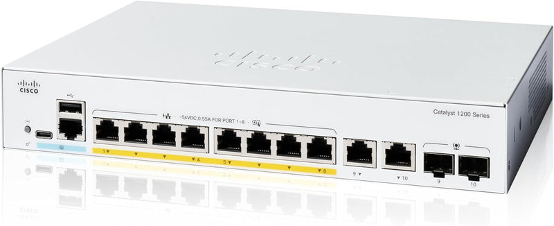 Cisco Catalyst 1200 8-Port Gigabit Ethernet (120W PoE+) + 2-Port Combo Smart Managed Switch (C1200-8FP-2G-UK/NE-128A2G)