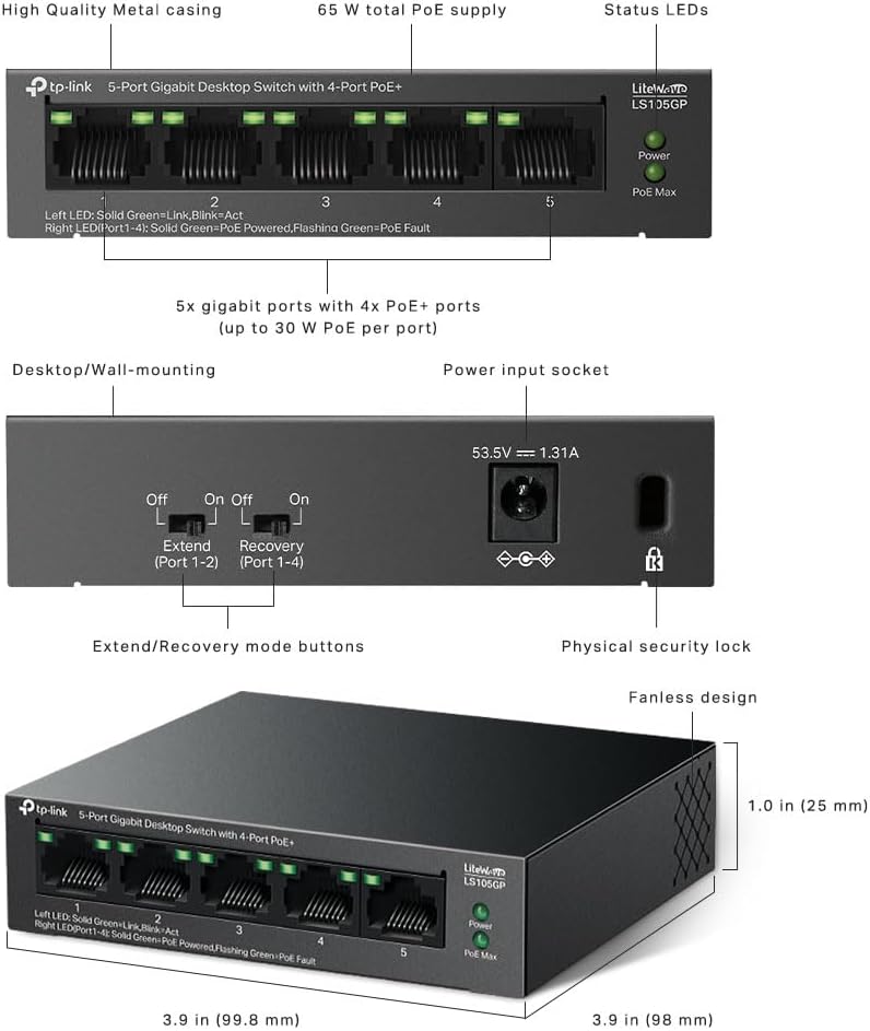 TP-Link LS105GP 5-Port Gigabit Desktop Switch with 4-Port PoE+ (TP-NE-LS105GP) 