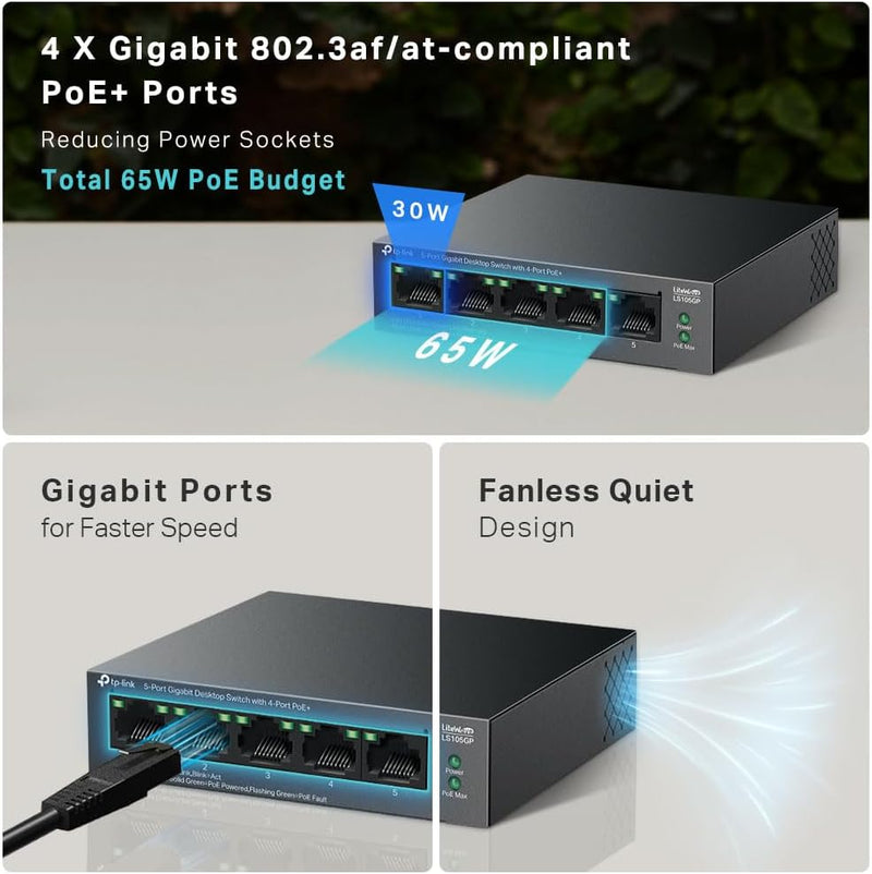 TP-Link LS105GP 5-Port Gigabit Desktop Switch with 4-Port PoE+ (TP-NE-LS105GP) 