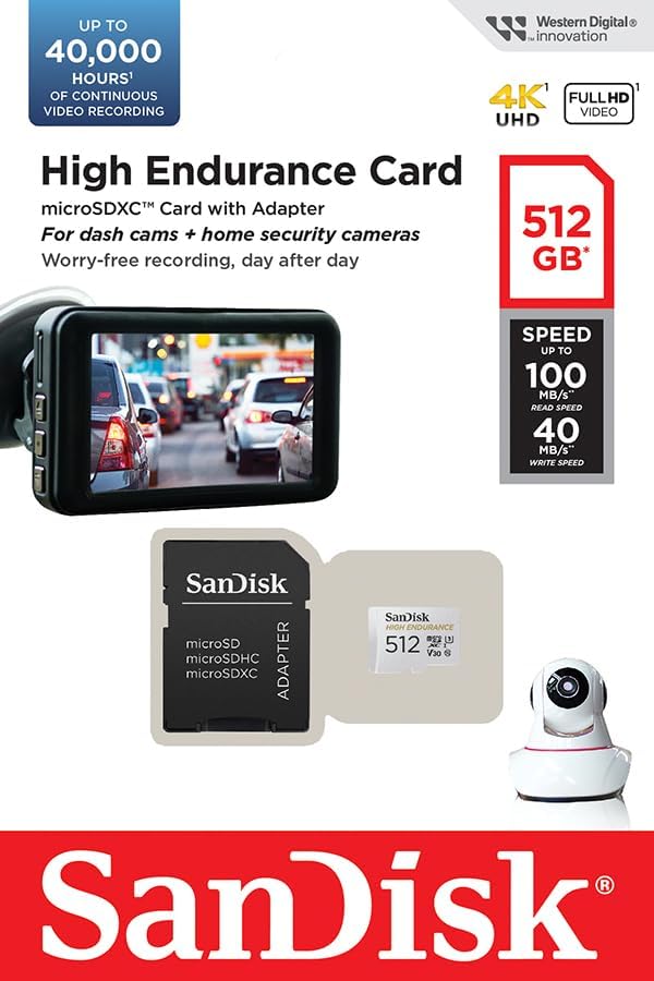 SanDisk 512GB High Endurance microSDXC (V30, UHS-I/U3, CL10,4K, 100MB/s) SDSQQNR-512G-GN6IA 772-4594 